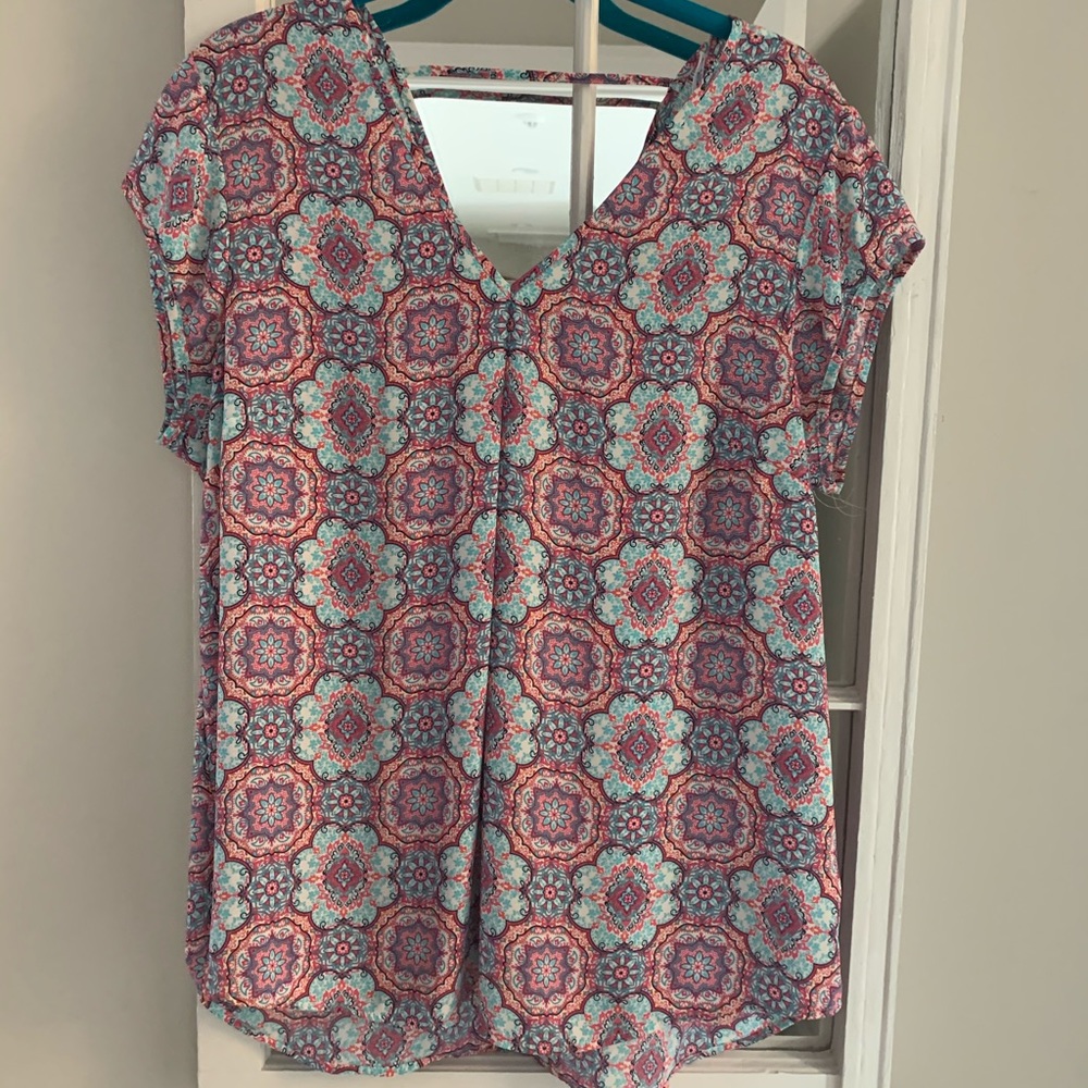 Pink and blue patterned short sleeve top